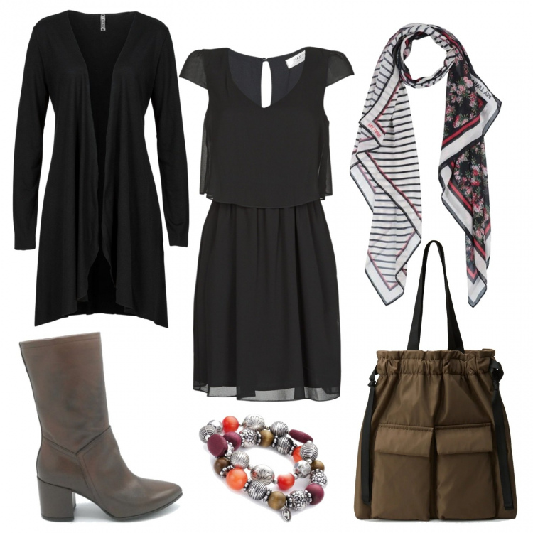 Outfit donna - Sensualità celata. Stile Trendy per Tutti i giorni. Abbinamento con cardigans, stole, vestiti corti, stivali, shopping bag, braccialetti.