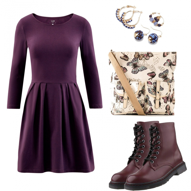 Outfit donna - Femminile ma tosta. Stile Trendy per Tutti i giorni. Abbinamento con borse a tracolla, orecchini, vestiti, stivali.