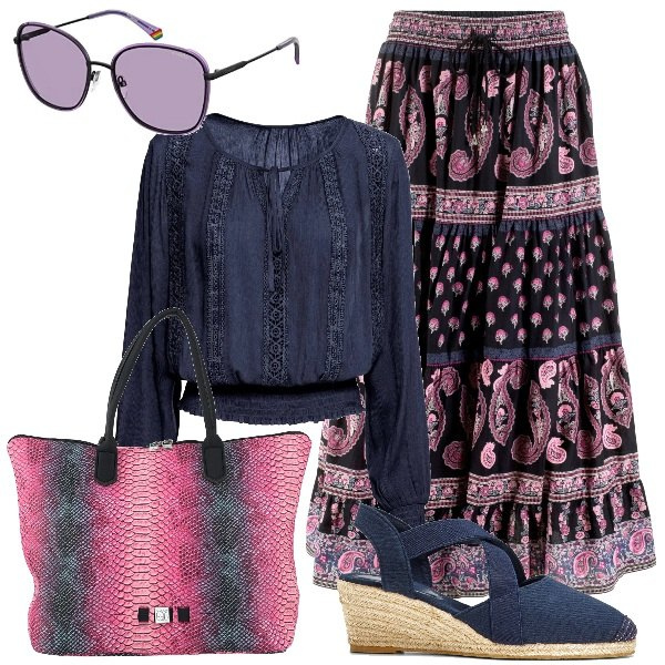 Outfit donna - Boho low cost. Stile Etnico per Tutti i giorni. Abbinamento con gonne lunghe, sandali col tacco, bluse, borse a mano, occhiali da sole.