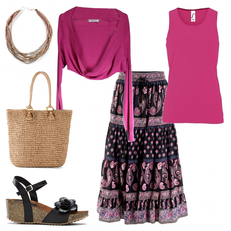 Outfit donna - Femminilità gitana. Stile Etnico per Tutti i giorni. Abbinamento con gonne lunghe, shopping bag, collane, sandali, top, bolero.