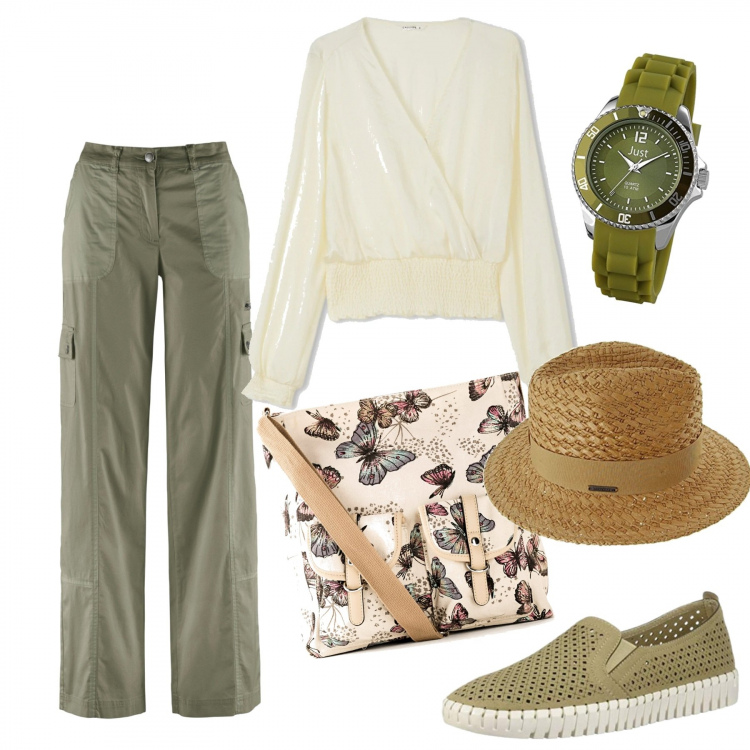 Outfit donna - Risvegliarsi. Stile Trendy per Tutti i giorni. Abbinamento con pantaloni cargo, borse a tracolla, bluse, ballerine, orologi, cappelli.
