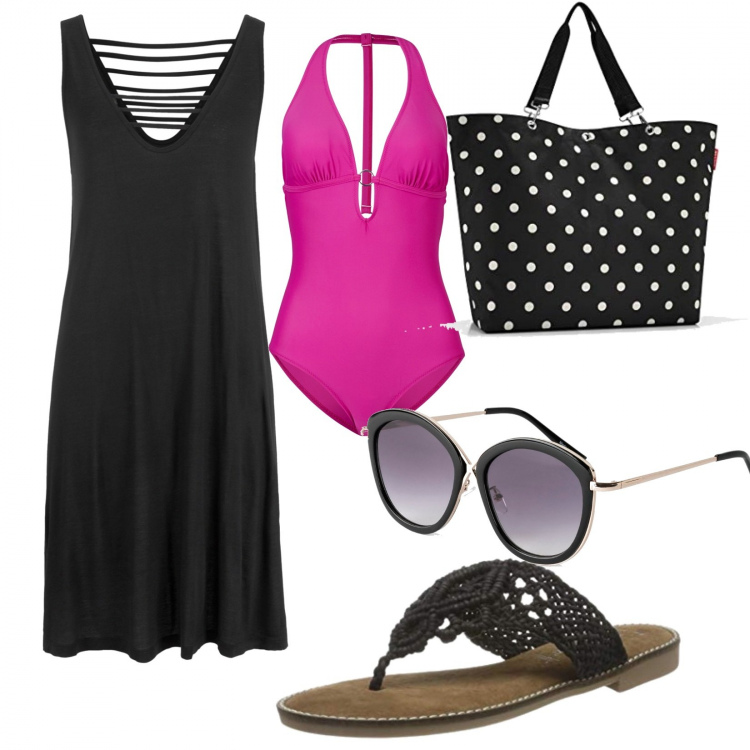 Outfit donna - Trendy #29175. Stile Trendy per Mare. Abbinamento con vestiti da spiaggia, costumi interi, occhiali da sole, shopping bag, sabot.