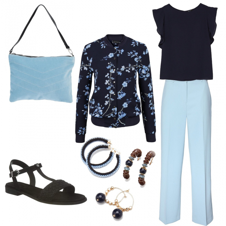 Outfit donna - Set blu e azzurro. Stile Trendy per Ufficio. Abbinamento con bomber, pantaloni, borse a mano, bluse, orecchini, sandali.
