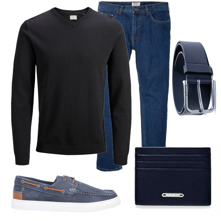 Outfit uomo - Casual #10948. Stile Casual per Tutti i giorni. Abbinamento con jeans dritti, scarpe stringate, maglioni, cinture, portafogli.