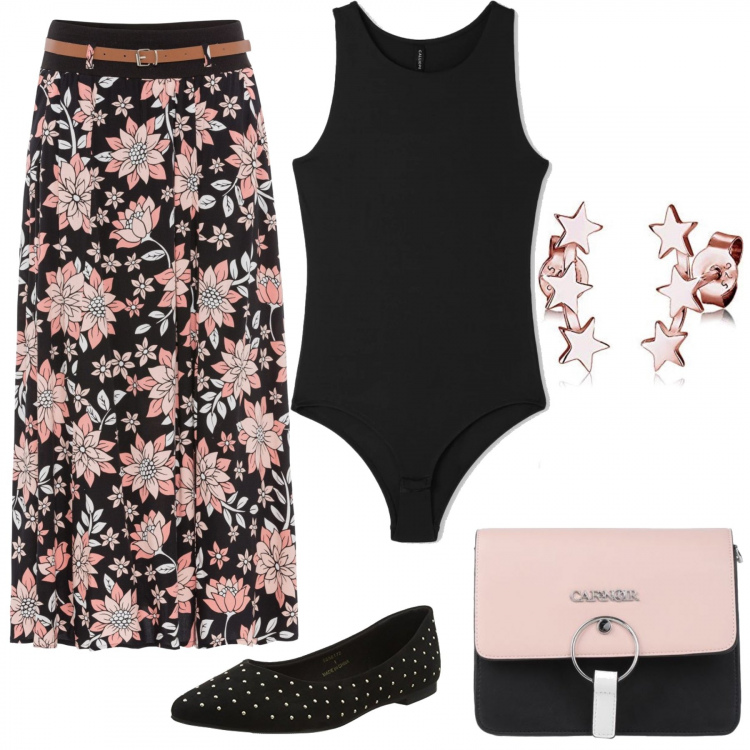 Outfit donna - Pink in zona arancio. per Tutti i giorni. Abbinamento con gonne lunghe, borse a mano, body, ballerine, orecchini.