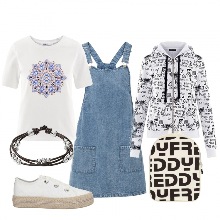 Outfit donna - Basic #18636. Stile Basic per Tutti i giorni. Abbinamento con sneakers, salopette, zaini, felpe con cappuccio, t-shirt, braccialetti.