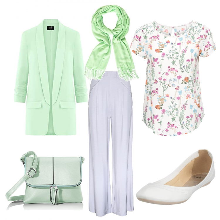 Outfit donna - Alta con stile. Stile Trendy per Tutti i giorni. look ideale per Tall. Abbinamento con bluse, pantaloni a palazzo, ballerine, blazer, borse a tracolla, sciarpe.
