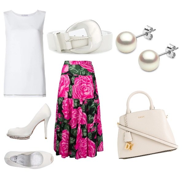 Outfit donna - Richiamo agli anni \'50. Stile Bon Ton per Serata fuori. Abbinamento con décolleté con strass open toe in raso tinta unita, gonna a zampa con stampa rosa, borsa a mano tote in pelle bianco, top bianco, cintura in pelle bianco, orecchini in oro bianco.