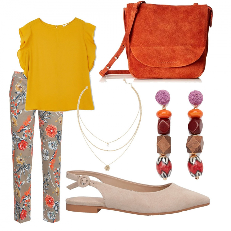 Outfit donna - Yellow monday. Stile Basic per Ufficio. Abbinamento con pantaloni, ballerine, bluse, orecchini, ciondoli, borse a spalla.