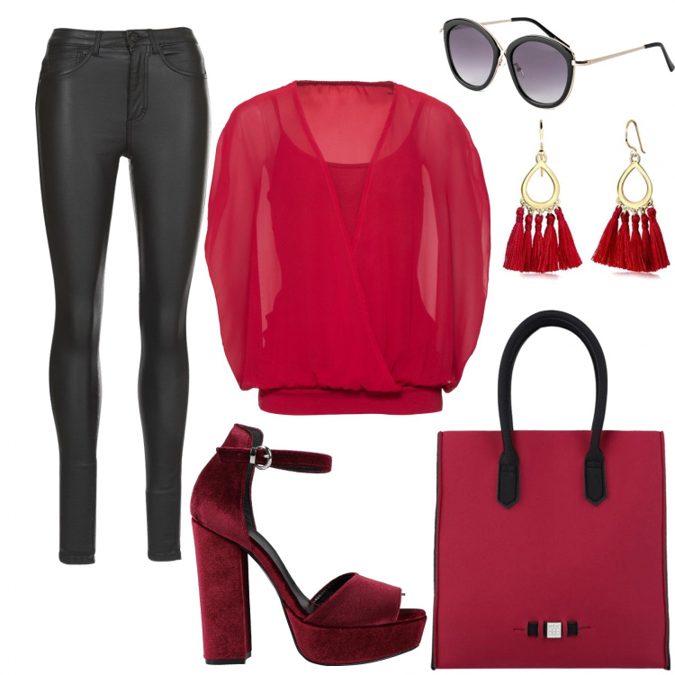 Outfit donna - Zona rossa Con le amiche. Stile Trendy per Serata fuori. Abbinamento con bluse, occhiali da sole, sandali col tacco, borse a mano, jeans, orecchini.