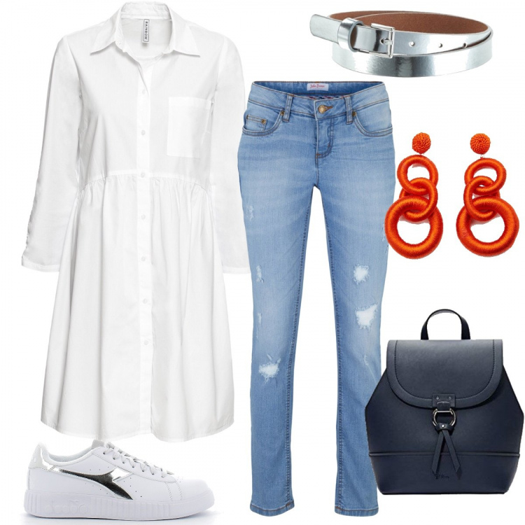 Outfit donna - Con lo chemisiere bianco. Stile Basic per Tutti i giorni. Abbinamento con jeans skinny, camicie, orecchini, sneakers, zaini, cinture.
