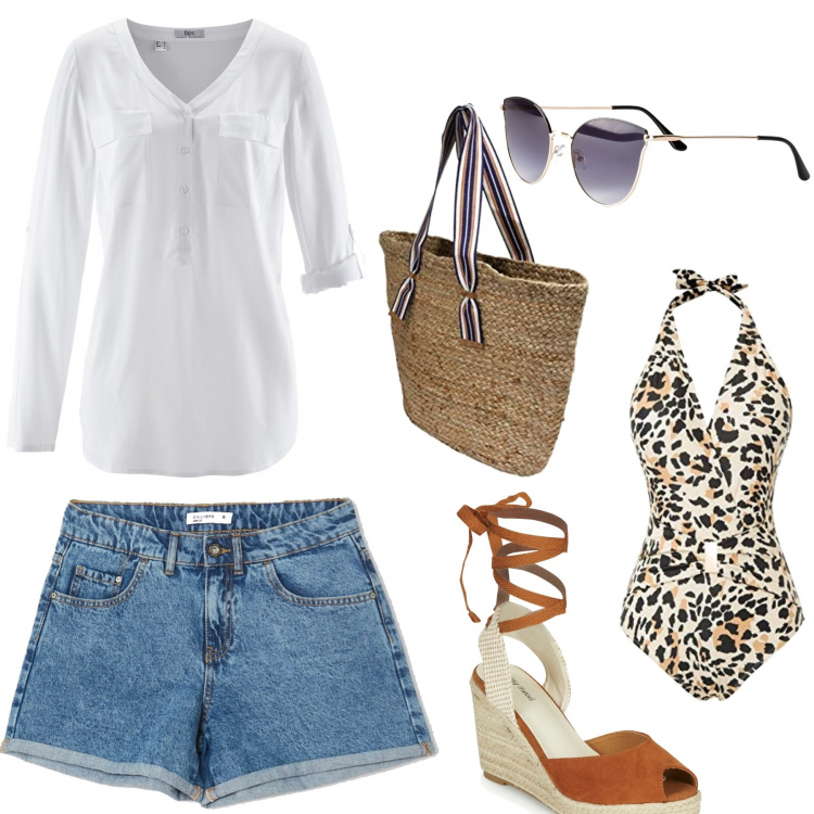 Outfit donna - Primo giorno di mare. Stile Basic per Mare. Abbinamento con bluse, occhiali da sole, sandali, shorts, costumi interi, shopping bag.