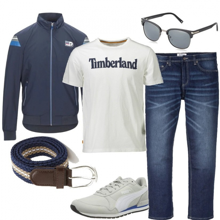 Outfit uomo - T-shirt Timberland. Stile Casual per Tutti i giorni. Abbinamento con jeans dritti, cappotti, cinture, t-shirt, sneakers, occhiali da sole.