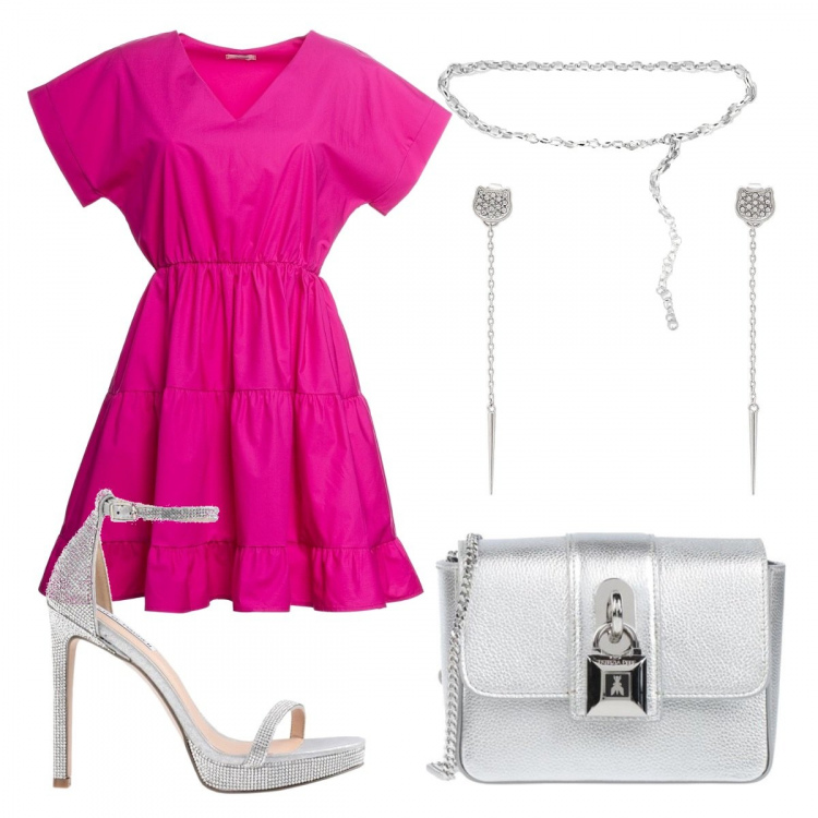 Outfit donna - Cocktail estivo. Stile Trendy per Serata fuori. Abbinamento con sandali col tacco, borse a tracolla, orecchini, cinture, vestiti.