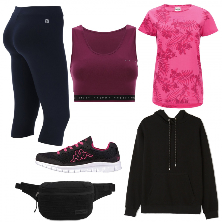 Outfit donna - Sport fuori casa. Stile Basic per Sport. Abbinamento con felpe con cappuccio, leggings, t-shirt, top, sneakers, marsupi.