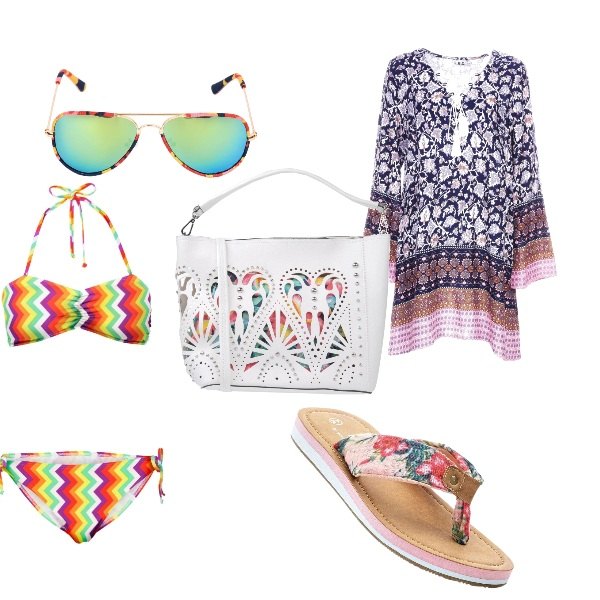 Outfit donna - Trendy #11500. Stile Trendy per Mare. Abbinamento con bikini con fasce, ciabatte, borsa a mano con manico shantung con zip tinta unita, occhiali da sole effetto acetato verde, tunica con lacci in viscosa con nappine.