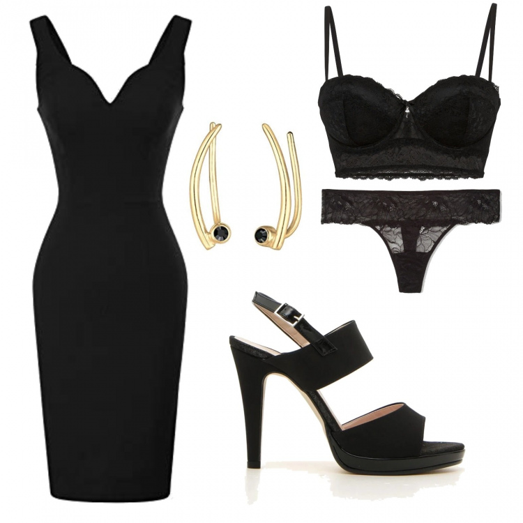 Outfit donna - Primo appuntamento. Stile Sexy per Serata fuori. Abbinamento con reggiseni a balconcino, perizomi, vestiti a tubino, sandali col tacco, orecchini.