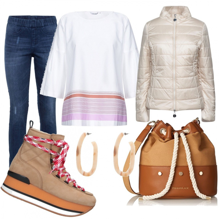 Outfit donna - Urban #10602. Stile Urban per Tutti i giorni. Abbinamento con jeggings, stivaletti, piumini, bluse, orecchini, borse a tracolla.