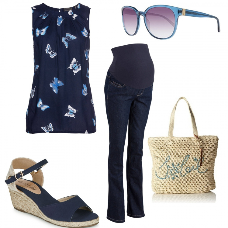 Outfit donna - Primavera con il pancione. Stile Basic per Tutti i giorni. look ideale per Premaman. Abbinamento con top, jeans bootcut, sandali, borse a tracolla, occhiali da sole.