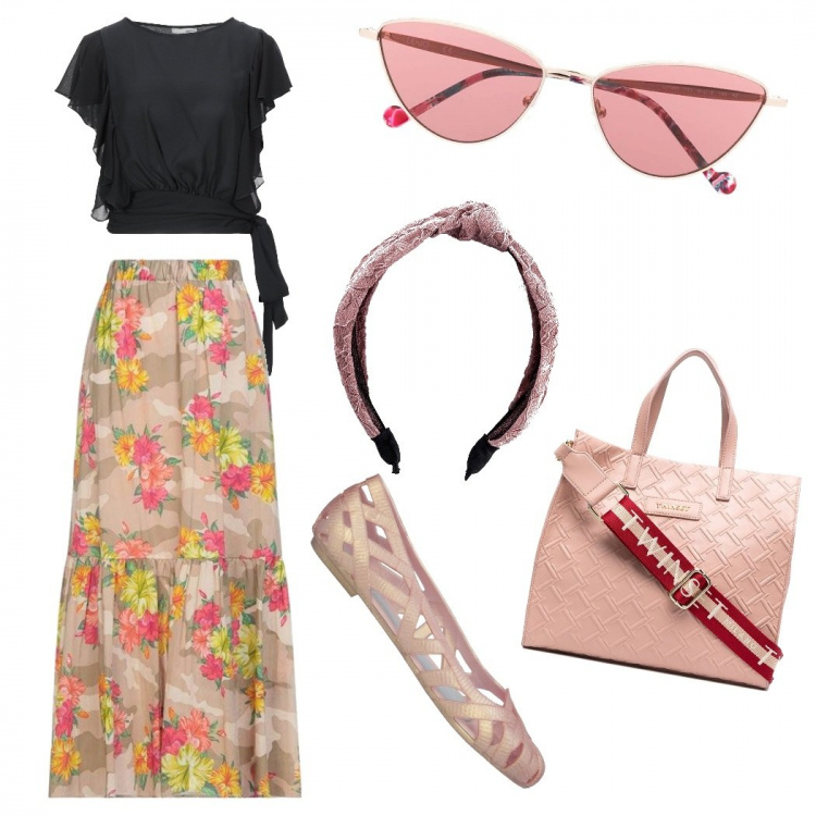 Outfit donna - Voglia di primavera. Stile Chic per Tutti i giorni. Abbinamento con cerchietti, bluse, ballerine, gonne lunghe, borse tote, occhiali da sole.