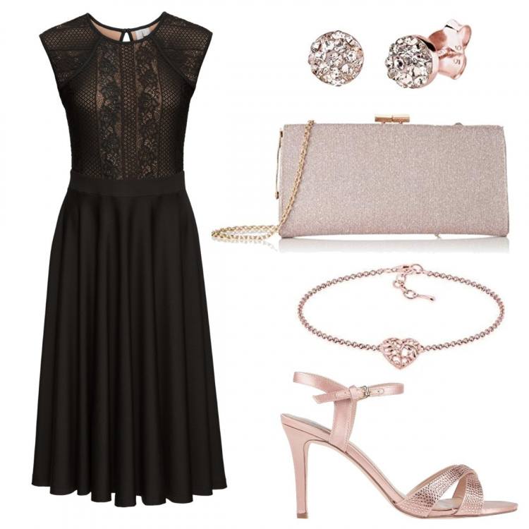 Outfit donna - Chic #14587. Stile Chic per Cerimonia. Abbinamento con vestiti, sandali col tacco, pochette, braccialetti, orecchini.