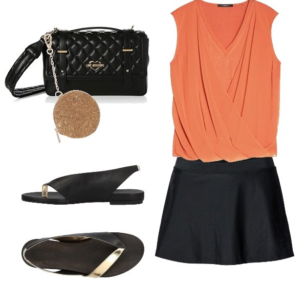 Outfit donna - Gonna nera e top arancio. Stile Trendy per Tutti i giorni. look ideale per Petite. Abbinamento con gonne, infradito fantasia effetto laminato con punta tonda, portamonete effetto laminato con zip in pelle tinta unita, camicia arancione, borsa nero e oro e multicolore.