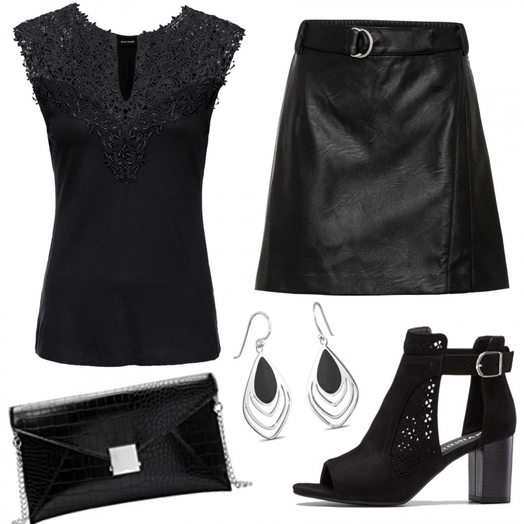 Outfit donna - 482- miss rock. Stile Rock per Serata fuori. Abbinamento con top, sandali col tacco, gonne, orecchini, clutch.