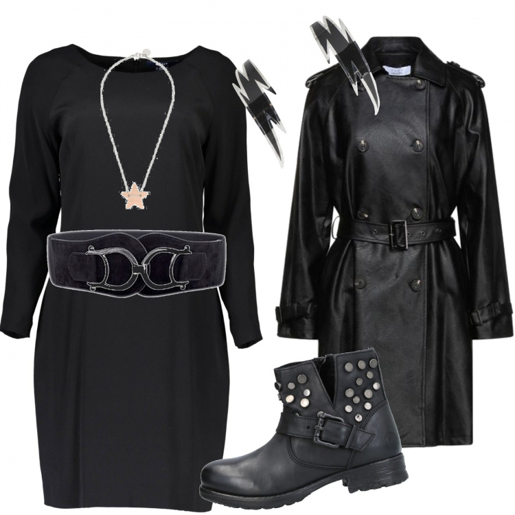 Outfit donna - Inizio a tutto rock. Stile Rock per Tutti i giorni. Abbinamento con cinture, collane, cappotti, stivaletti, orecchini, vestiti corti.