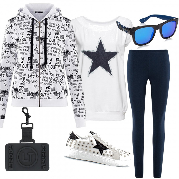 Outfit donna - I wanna fall to the stars. Stile Rock per Tutti i giorni. Abbinamento con t-shirt, zaini, sneakers, felpe con cappuccio, leggings, occhiali da sole.