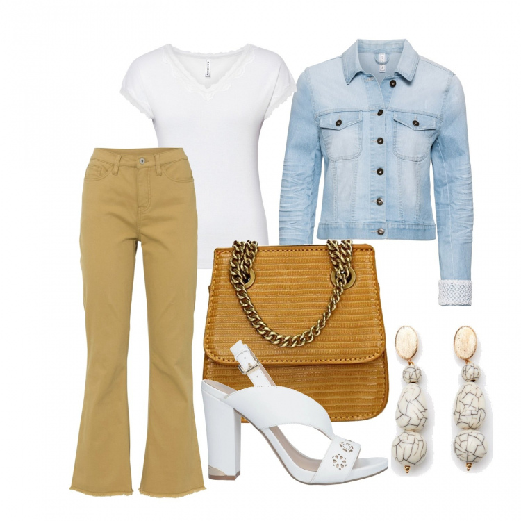 Outfit donna - Pantaloni a campana. Stile Basic per Tutti i giorni. Abbinamento con blazer, pantaloni, pullovers, sandali col tacco, orecchini, borse a tracolla.