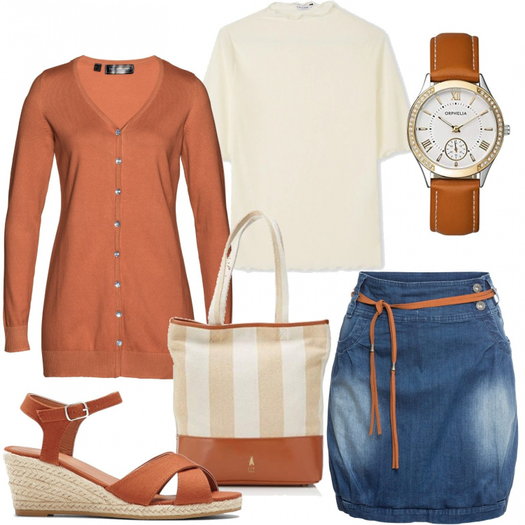 Outfit donna - La mia gonna preferita. Stile Trendy per Tutti i giorni. Abbinamento con minigonne, cardigans, sandali col tacco, t-shirt, borse tote, orologi.