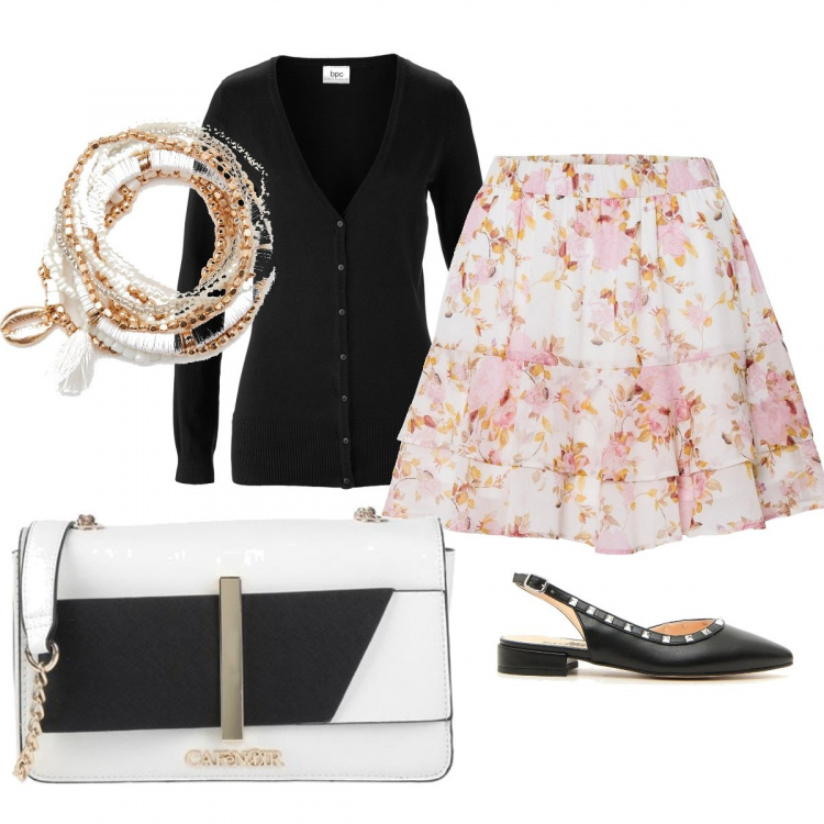 Outfit donna - Bijoux ed eleganza. Stile Bon Ton per Tutti i giorni. Abbinamento con cardigans, minigonne, borse a tracolla, braccialetti, ballerine.