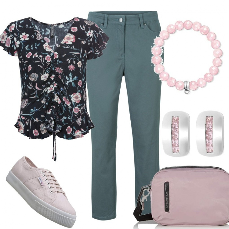 Outfit donna - Fragranza rosa. Stile Basic per Tutti i giorni. Abbinamento con pantaloni, bluse, borse a tracolla, braccialetti, orecchini, sneakers.