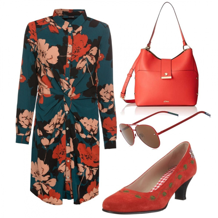 Outfit donna - Abito con fiori colorati. Stile Chic per Tutti i giorni. Abbinamento con vestiti, scarpe col tacco, borse a spalla, occhiali da sole.