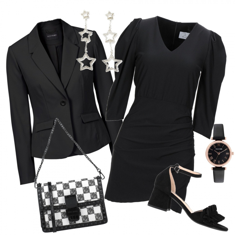 Outfit donna - Festa di compleanno. Stile Chic per Serata fuori. Abbinamento con vestiti corti, sandali col tacco, borse a mano, blazer, orecchini, orologi.