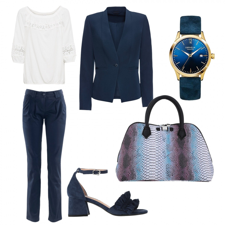 Outfit donna - Blu in ufficio. Stile Basic per Ufficio. Abbinamento con blazer, pantaloni chino, bluse, sandali col tacco, borse a mano, orologi analogici.