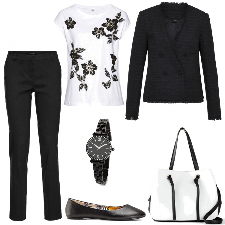 Outfit donna - Ufficio focus donna curvy. Stile Chic per Ufficio. Abbinamento con pantaloni, ballerine, blazer, maglieria, borse a mano, orologi.