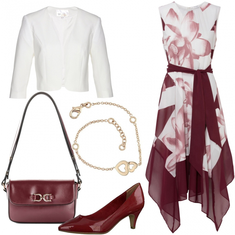 Outfit donna - Un mood romantico. Stile Bon Ton per Cerimonia. Abbinamento con maglieria, vestiti, borse a tracolla, décolleté, braccialetti.
