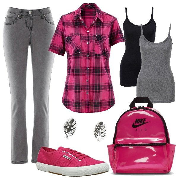 Outfit donna - Per camminare in libertà. Stile Basic per Tutti i giorni. Abbinamento con jeans slim fit, top sportivi, camicie a manica corta, orecchini, zaini, sneakers.
