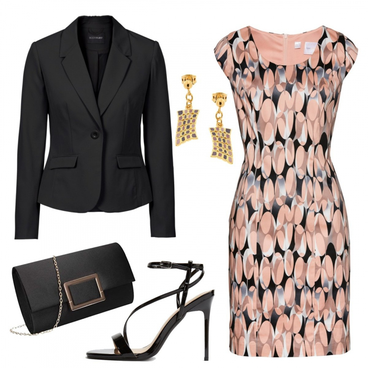 Outfit donna - Abito optical - cerimonia curvy low cost. Stile Chic per Cerimonia. Abbinamento con blazer, vestiti a tubino, sandali col tacco, orecchini, pochette.