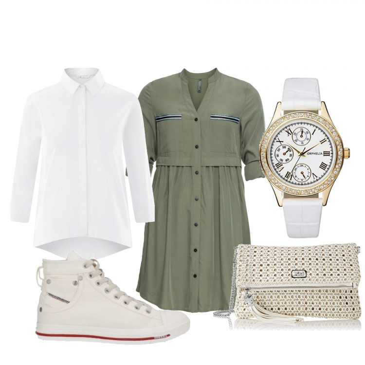 Outfit donna - Urban #10820. Stile Urban per Tutti i giorni. Abbinamento con vestiti chemisier, sneakers alte, borse a mano, camicie, orologi.