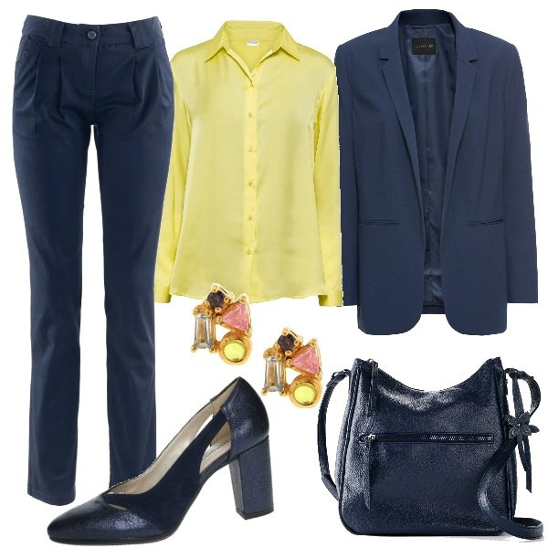 Outfit donna - Il Giallo che ravviva. Stile Basic per Ufficio. Abbinamento con pantaloni chino, blazer, camicie, borse a tracolla, décolleté, orecchini.