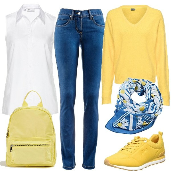 Outfit donna - Giallo sbarazzino. Stile Basic per Tutti i giorni. Abbinamento con maglieria, jeans dritti, camicie, zaini, sneakers, sciarpe.
