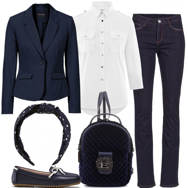 Outfit donna - Come back to university. Stile Basic per Scuola/Università. Abbinamento con blazer, mocassini, jeans, zaini, cerchietti, camicie.