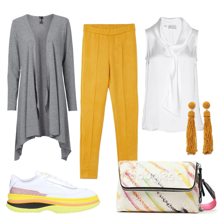 Outfit donna - Leggings e sneakers. Stile Urban per Tutti i giorni. Abbinamento con sneakers, cardigans, top, leggings, orecchini, borse a tracolla.