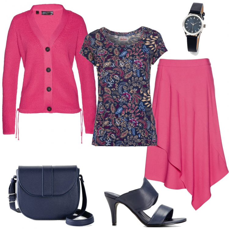 Outfit donna - Monday style fucsia. Stile Trendy per Ufficio. Abbinamento con t-shirt, gonne, cardigans, pantofole, gonne longuette, orologi.