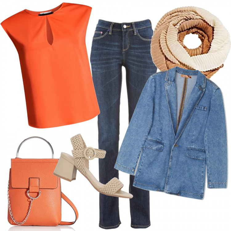 Outfit donna - Speranzosa. Stile Chic per Tutti i giorni. Abbinamento con jeans dritti, sandali col tacco, blazer, top, borse a tracolla, sciarpe.