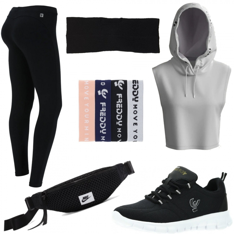 Outfit donna - Sporty. Stile Urban per Sport. Abbinamento con t-shirt, braccialetti, leggings, sneakers, fasce per capelli, marsupi.