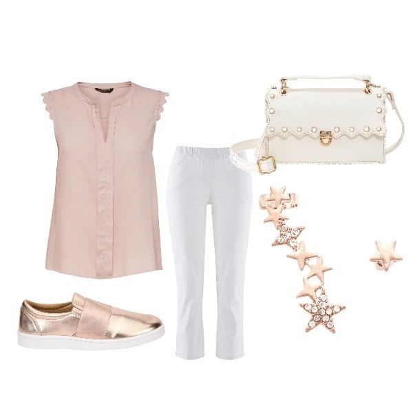 Outfit donna - Visita ai musei. Stile Basic per Serata fuori. Abbinamento con pantaloni, borsa a tracolla con perle bianco, orecchini scollo a cascata oro, top loose fit crochet senza maniche rosa, slip con fasce interno in tessuto in pelle sintetica.