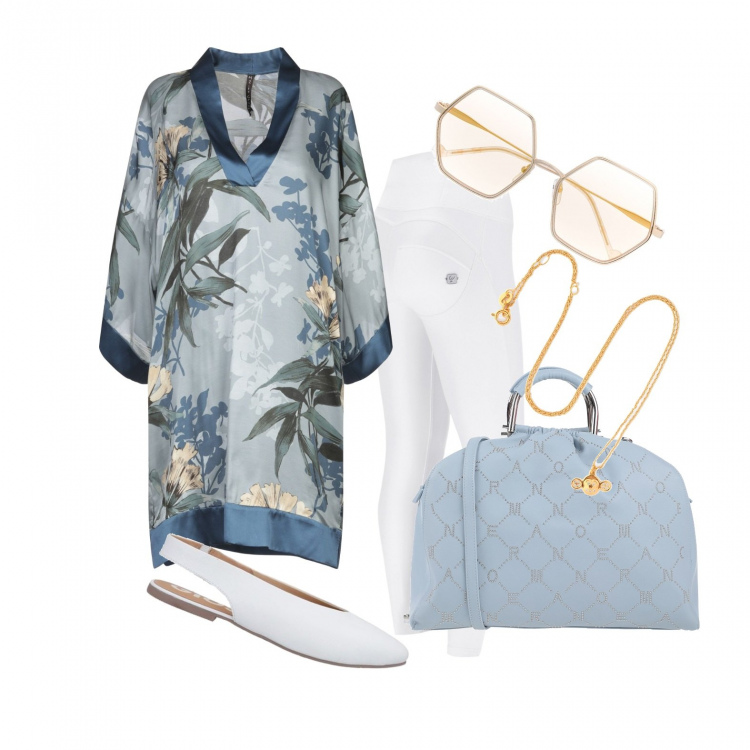 Outfit donna - Comoda e trendy. Stile Trendy per Tutti i giorni. Abbinamento con vestiti corti, borse a mano, collane, ballerine, occhiali da sole, pantaloni skinny.